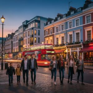 Où dormir à Londres, vue de nuit d'un quartier londonien animé avec des hôtels et des appartements