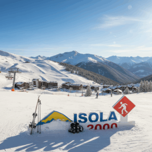 Isola 2000 forfait ski, vue panoramique sur les pistes et la station du Mercantour avec un grand soleil.